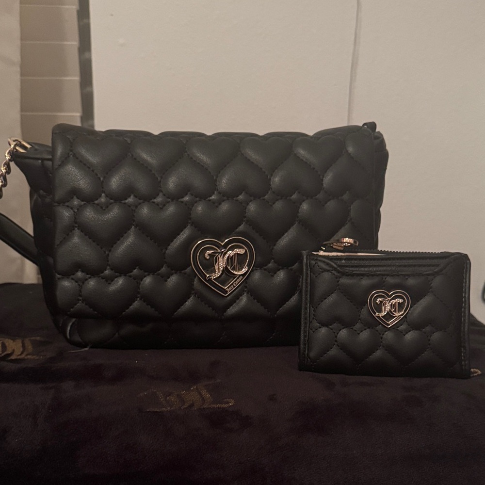 Juicy Couture Black Heart Quilted Crossbody Bag and Wallet